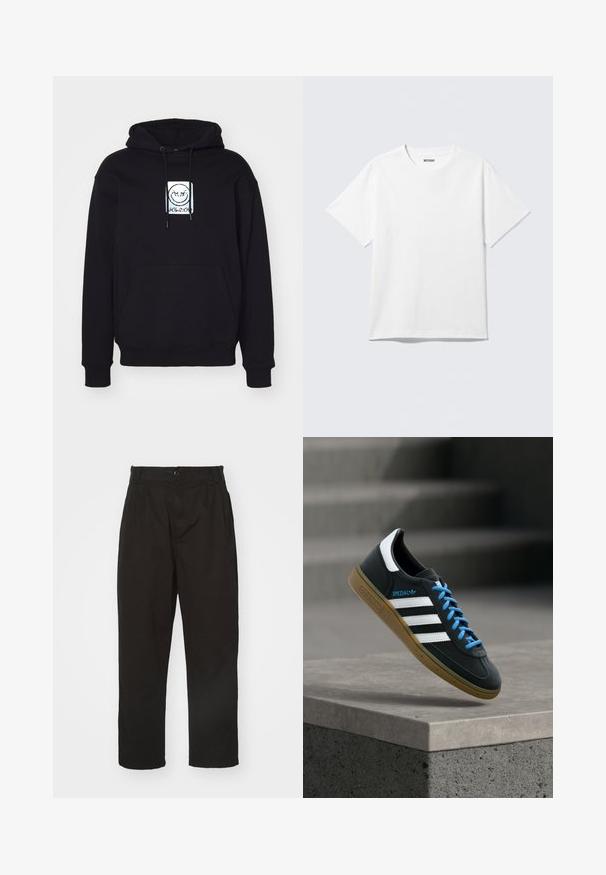 Zwarte hoodie van zachte stof, met een centraal grafisch ontwerp van een glimlachend gezicht. Het heeft een voorzak en een verstelbare trekkoordkap.; Witte T-shirt met korte mouwen en ronde hals, plat gelegd, effen ontwerp, met een "WEEKDAY" label in de kraag op een lichte achtergrond.; Zwarte broek van gladde stof, met knoopsluiting, rechte snit en twee voorplooien voor extra detail.; Zwarte Adidas-sneaker met witte strepen, blauwe veters en een gumzool die boven een grijze betonnen trede zweeft in zacht licht.