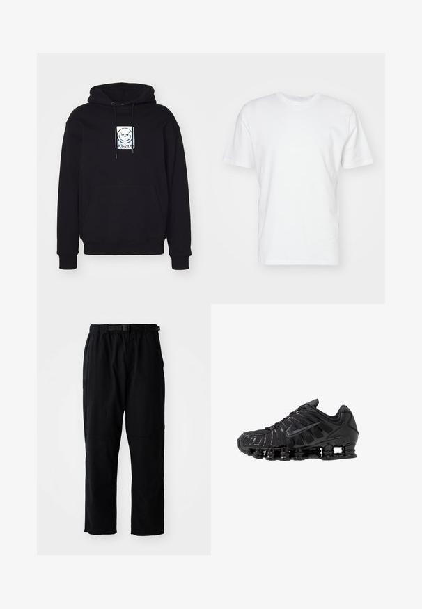 Hoodie noir en tissu doux, avec un graphisme centré représentant un visage souriant. Il est équipé d'une poche avant et d'une capuche réglable avec cordon.; T-shirt en coton blanc à manches courtes, encolure ronde et texture lisse. Design simple sans motifs ni graphiques.; Pantalon noir léger à coupe droite, avec ceinture élastique, ceinture réglable et renforts aux genoux. Aucun motif ou accent visible.; Chaussures de sport noires en mesh et matériaux synthétiques, présentant un design ondulé distinct, une semelle en caoutchouc noire et des accents réfléchissants.