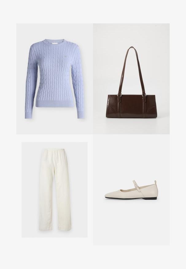 Pull bleu clair à manches longues en maille torsadée avec poignets et ourlet côtelés, avec un petit logo brodé sur la poitrine gauche.; Pantalon ample de couleur crème avec une taille élastique et des jambes droites sur un fond clair uni.; Ballerines en cuir blanc avec bout pointu, bride à la cheville et petit talon noir. Texture lisse avec des accents minimaux.; Sac à main en cuir verni marron de forme rectangulaire, avec deux longues poignées et des accents courbés subtils à l'avant.