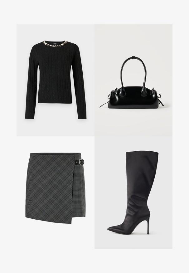 Pull en maille noir à manches longues et col rond orné d'une rangée de perles fantaisie le long du col.; Jupe en laine à carreaux gris foncé avec un détail de boucle noire sur le côté droit, ourlet droit et un motif subtil de lignes diagonales.; Botte noire haute jusqu'aux genoux en cuir verni lisse et élégant ; bout pointu ; ajustée avec un léger froncé près de la cheville ; talon brillant.; Petit sac à main noir brillant avec deux longues anses et des détails à cordon sur les côtés sur un fond clair uni.