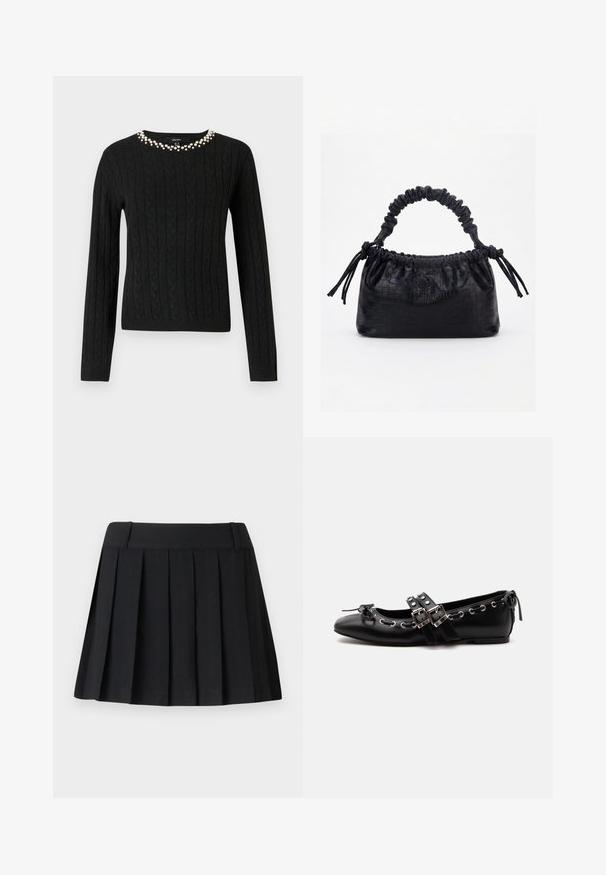Pull en maille noir à manches longues et col rond orné d'une rangée de perles fantaisie le long du col.; Jupe plissée noire avec une taille sur mesure, fabriquée à partir d'un tissu léger. Présente des plis régulièrement espacés et un design simple et épuré.; Chaussure de ballet plate noire avec doubles brides à boucle, œillets argentés et petit nœud près de l’orteil arrondi sur fond blanc.; Sac à main noir avec texture crocodile, bord supérieur froncé, poignée plissée et pompons à cordon de chaque côté sur fond blanc.