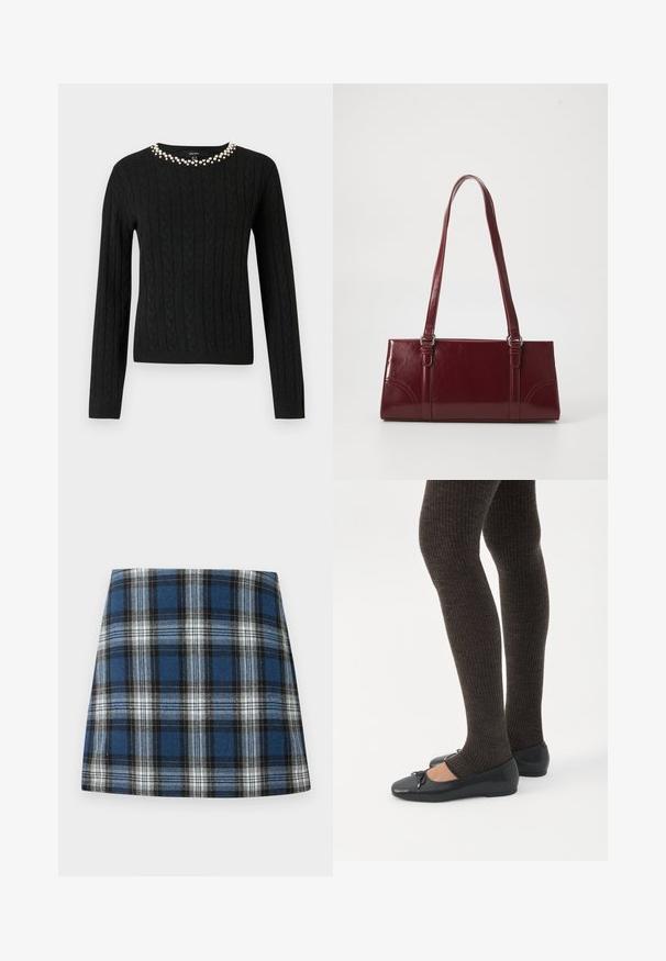 Pull en maille noir à manches longues et col rond orné d'une rangée de perles fantaisie le long du col.; Jupe en tartan bleu présentant un motif à carreaux varié en bleu, noir et blanc. Fabriquée dans un tissu texturé avec une silhouette ajustée.; Jambes portant des leggings côtelés foncés associés à des ballerines noires avec de petits détails en nœud sur fond blanc.; Sac à main bordeaux en matériau brillant, de forme rectangulaire, avec deux anses et des accents légèrement courbés à l'avant.