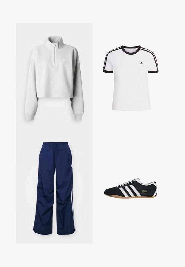 Sudadera recortada de color gris claro con cuello alto y media cremallera. Presenta mangas sueltas y un pequeño logo blanco en el pecho. Material de mezcla de algodón.; Camiseta blanca de manga corta con detalles en negro, con cuello redondo y tres rayas negras en cada hombro. Pequeño logo negro en el pecho.; Pantalones de color azul marino, ligeros, con cintura elástica y cordón ajustable, con franjas blancas laterales y un pequeño logo en la parte delantera. Diseño de corte holgado.; Zapatillas de ante negro con tres franjas blancas, logotipo dorado y suela de goma marrón. Presentan un diseño de cordones de perfil bajo.