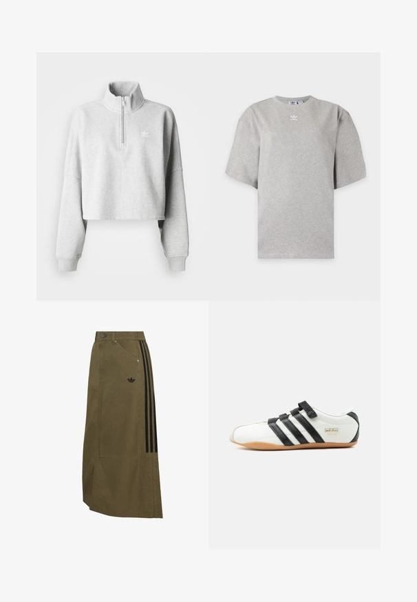 Lichtgrijze cropped sweatshirt met een hoge kraag en een halve rits. Heeft losse mouwen en een klein wit logo op de borst. Gemaakt van een katoenmix.; Lichtgrijs Adidas T-shirt met korte mouwen, ronde hals en klein wit Adidas-logo op de borst, weergegeven op een effen achtergrond.; Olijfgroene lange rok met zijzakken, zwart Adidas-logo en drie zwarte strepen die aan één kant verticaal lopen.; Witte Adidas Tokyo sneaker met zwarte strepen, zwarte klittenbandsluitingen en een gumzool, zijaanzicht op een witte achtergrond.