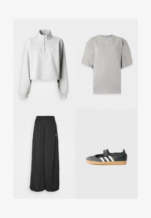 Sudadera recortada de color gris claro con cuello alto y media cremallera. Presenta mangas sueltas y un pequeño logo blanco en el pecho. Material de mezcla de algodón.; Camiseta Adidas de manga corta color gris claro con cuello redondo y pequeño logo blanco de Adidas en el pecho, mostrada sobre un fondo liso.; Pantalones de chándal negros de corte holgado, fabricados en un tejido suave. Cuentan con una cintura elástica y rayas laterales con acentos de logo.; Zapatilla de deporte de cuero negro y ante con una correa de Velcro, que presenta tres rayas blancas y una suela de goma, etiquetada "SAMBA" en el lateral.
