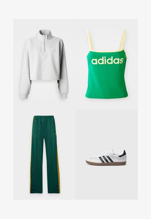 Sudadera recortada de color gris claro con cuello alto y media cremallera. Presenta mangas sueltas y un pequeño logo blanco en el pecho. Material de mezcla de algodón.; Top verde con detalles amarillos, hecho de material elástico. Presenta un gran logo de "adidas" amarillo en el frente y tirantes delgados.; Pantalones deportivos verdes con rayas laterales amarillas, cintura elástica y dos bolsillos laterales. Hechos de un material liso y ligero.; Zapatilla blanca de malla con rayas negras, puntera y detalle en el talón de ante beige, suela de goma texturizada y cordones blancos. Diseño clásico de corte bajo.