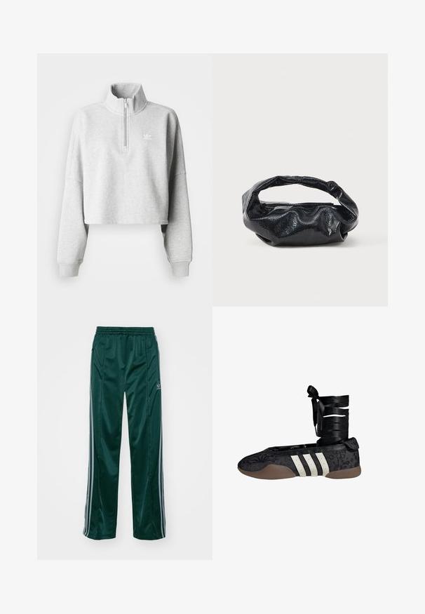 Heled halli lühike sviiter kõrge kaelusega ja poolkinnituseta. Omab laiu varrukaid ja väikest valget logo rinnal. Puuvilla segune materjal.; Tumedad roheline sportpants, mis on valmistatud läikivast materjalist, külgedel on heledates hallides triipudes ja vasakul jalal on broderdatud logo.; Mustad baleriinaliistud lillemustriga, valge kolmetriipuline disain ja riidest pahkluuümbris. Tekstureeritud materjal ja paindlik pruun tallaosa.; Must have kõrge läikega struktuurse materjaliga must käekott, millel on ümmargune, keeratud sang ja tõmblukk. Omab pehmet, kortsulist disaini.