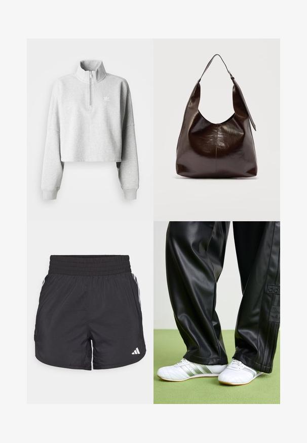 Helles graues, kürzer geschnittenes Sweatshirt mit hohem Kragen und Halbreißverschluss. Hat lockere Ärmel und ein kleines weißes Logo auf der Brust. Aus einem Baumwollmix gefertigt.; Schwarze Sportshorts mit elastischem Bund, seitlichen Taschen und weißen Streifenakzenten an den Seiten. Hergestellt aus leichtem Material.; Schwarze Kunstlederhosen mit einer lockeren Passform, die eine glatte Textur und seitliche Streifen aufweisen. Kombiniert mit weißen Sneakers mit silbernen Akzenten.; Dunkelbraune glänzende Lederschultertasche mit einem breiten einzelnen Riemen und Schnallendetail auf einer Seite, vor einem schlichten hellen Hintergrund.
