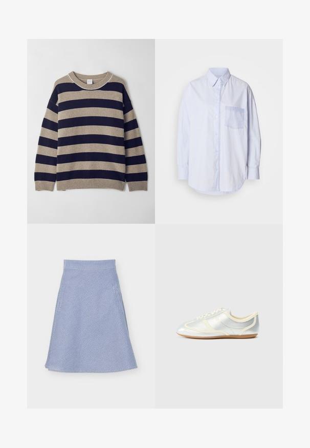 Gestreepte trui in beige en marineblauw, gemaakt van zachte materialen. Beschikt over een ronde hals, verlaagde schouders en geribde manchetten en zoom.; Lichtblauw overhemd met lange mouwen, een standaardkraag en een borstzak aan de linkerkant met een accentstof in een lichtere blauwe kleur.; Blauw-witte diagonaal gestreepte A-lijn rok met tailleband en zijzakken op een witte achtergrond.; Zilverkleurige synthetische sneakers met crème accenten, laag profiel, afgeronde neus en platte rubberen zool; voorzien van klassieke stiksels en vetersluiting.