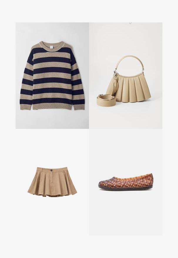 Suéter a rayas en beige y azul marino, hecho de material suave. Presenta un cuello redondo, hombros caídos y puños y dobladillo acanalados.; Minifalda plisada beige con botón delantero y trabillas para cinturón, dobladillo acampanado y detalles de costuras visibles.; Zapato plano marrón con tiras de plástico tejidas y suela negra, visto de lado sobre fondo blanco.; Lacoste LENGLEN BAG - Bolso de mano - viennois