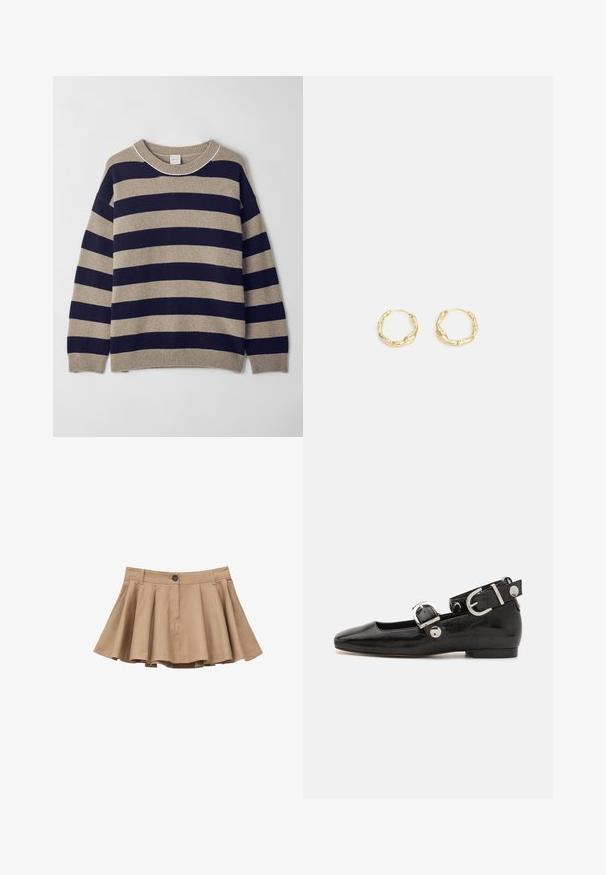 Gestreifter Pullover in Beige und Marineblau, aus weichem Material gefertigt. Verfügt über einen Rundhalsausschnitt, überschnittene Schultern sowie Rippbündchen und -saum.; Beiger plissierter Minirock mit vorderer Knopfleiste und Gürtelschlaufen, ausgestelltem Saum und sichtbaren Nahtdetails.; Schwarze Lackleder-Ballerina mit eckiger Zehenpartie, Knöchelriemen mit silberner Hardware und flacher Sohle. Glatte Textur mit minimalistischen Design.; Goldene Creolen mit einer strukturierten, unregelmäßigen Oberfläche. Sie verfügen über ein leichtes Design und eine runde Form, die sich für den täglichen Gebrauch eignet.
