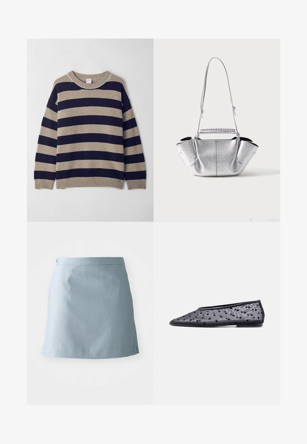 Stribet sweater i beige og marineblå, lavet af blødt materiale. Har en rund hals, sænkede skuldre og ribbet manchetter og kant.; Lysblå nederdel lavet af glat stof, med en lige skæring, en smal talje og minimale syninger ved kanten.; Sort flad sko med spids tå, tyndt stof og sort polkaprikket mønster på en lys baggrund.; Sølvfarvet tekstureret håndtaske med en blød form, to tynde skulderstropper med knuder og et snoet håndtag øverst.
