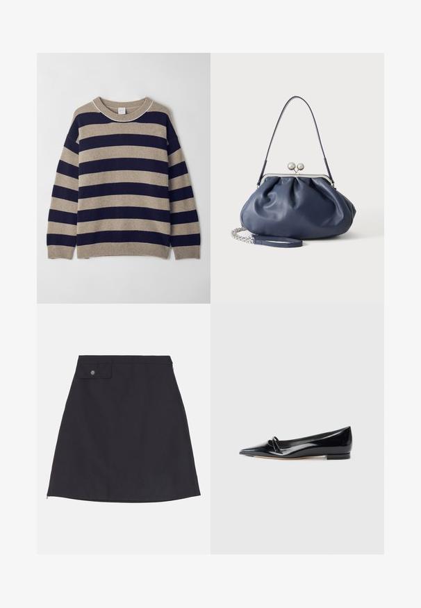 Gestreepte trui in beige en marineblauw, gemaakt van zachte materialen. Beschikt over een ronde hals, verlaagde schouders en geribde manchetten en zoom.; Zwarte katoen rok met een rechte silhouet, voorzien van een knoopzak, zijrits en een gladde stofstructuur.; Zwarte gepatenteerde leren platte schoen met een puntige neus, een kleine decoratieve band en een lage blokhak. Gladde textuur en strak ontwerp.; Zachte navyblauwe leren handtas met zilveren sluiting, enkele schouderband en afneembare ketting polsband op witte achtergrond.