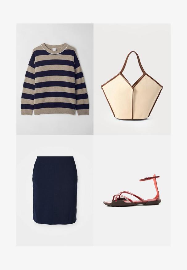 Suéter a rayas en beige y azul marino, hecho de material suave. Presenta un cuello redondo, hombros caídos y puños y dobladillo acanalados.; Falda lápiz azul marino hecha de tejido texturizado, de longitud hasta la rodilla, con un diseño ajustado y sin cierres ni adornos visibles.; Sandalia plana roja con múltiples tiras finas, hebilla en el tobillo y una suela marrón ligeramente elevada sobre un fondo claro y sencillo.; Bolsa de lona con cuerpo color crema y detalles en cuero marrón. El diseño presenta una abertura en forma de V única y dos asas curvas.