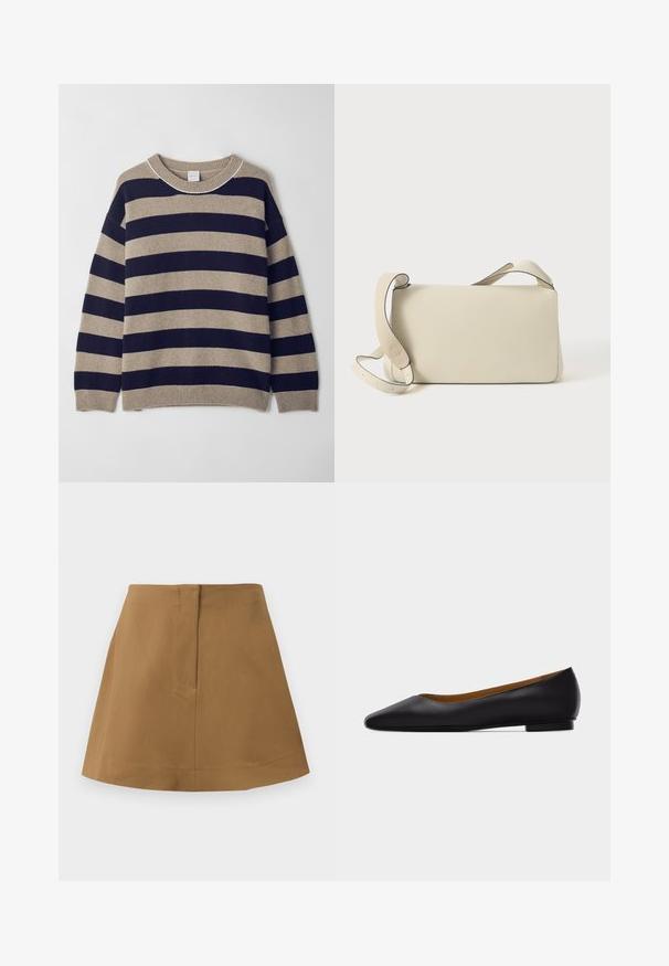 Gestreifter Pullover in Beige und Marineblau, aus weichem Material gefertigt. Verfügt über einen Rundhalsausschnitt, überschnittene Schultern sowie Rippbündchen und -saum.; Brauner Rock mit ausgestellter Silhouette, aus einem glatten Stoff gefertigt. Besitzt einen einfachen Taillenbund und eine Rückennaht.; Schwarzer flacher Schuh aus Leder mit spitz zulaufender Vorderkappe, niedrigem Absatz und glatter Oberfläche, von der Seite vor einem hellgrauen Hintergrund dargestellt.; Helleleder-Schultertasche in Cremefarbe mit verstellbarem Tragegurt und Klappenverschluss, vor einem schlichten weißen Hintergrund.