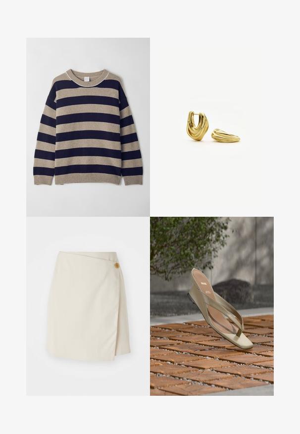 Stribet sweater i beige og marineblå, lavet af blødt materiale. Har en rund hals, sænkede skuldre og ribbet manchetter og kant.; Beige omslagskirt med en sidelukning med knap, ensfarvet stof, rene linjer og en glat tekstur, designet til en tætsiddende silhuet.; Beige læder tåsandal med BOSS-logo på indersålen, svævende over en terrasse med trælameller og små sten imellem.; Par af guldfarvede hoop-ørestikker med et snoet, skulpturelt design, den ene stående oprejst og den anden liggende fladt på en hvid baggrund.