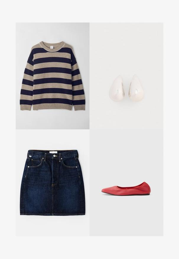 Stribet sweater i beige og marineblå, lavet af blødt materiale. Har en rund hals, sænkede skuldre og ribbet manchetter og kant.; Mørkeblå denimnederdel med fem lomme-design, gyldne sømme og klassisk pasform. Har en knaplukning og bæltestropper.; Filippa K REY FLATS - Ballerinasko - bright red; Sølvmetal dråbeøreringe med en glat, reflekterende overflade og tåreform, der har et sammenhængende design uden synlige udsmykninger.