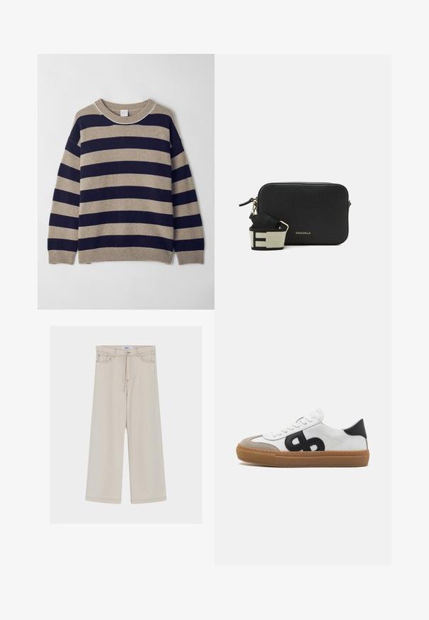 Stribet sweater i beige og marineblå, lavet af blødt materiale. Har en rund hals, sænkede skuldre og ribbet manchetter og kant.; Beige bukser med vide ben og høj talje, med snørejustering, forlommer og kontrasterende syninger.; Hvide lærreds sneakers med sort logo, suedelæderdetaljer og gummisål. Har flade hvide snørebånd og en rund tådesign.; Sort læder crossbody taske med pebble-textur, rektangulær form, der har en kontrasterende rem med et grafisk mønster og en guld logo detalje.
