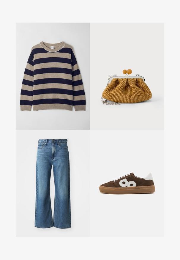 Pull rayé beige et marine, fabriqué à partir d'un matériau doux. Il présente un col rond, des épaules tombantes, et des bords-côtes aux poignets et à l'ourlet.; Jean en denim bleu à jambes larges avec une taille mi-haute, cinq poches et un léger dégradé. Caractéristiques : passants de ceinture et détails cousus.; Baskets en daim marron avec des accents en cuir blanc, présentant un logo blanc bien visible, un bout rond, un laçage plat et une semelle en caoutchouc gomme.; Petite pochette tissée marron avec cadre métallique argenté, deux fermoirs ronds en bois, et une courte chaîne argentée sur fond blanc.