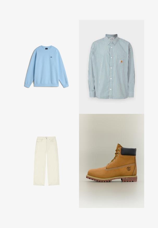 Lichtblauwe sweatshirt van zacht materiaal, met een ronde hals en lange mouwen. Klein zwart "VANS" logo op de borst. Relaxte pasvorm.; Gestreept shirt in groen en wit, voorzien van een kraag met knoopsluiting, lange mouwen, een zak aan de voorkant en een klein logolabel.; Crèmekleurige broek met rechte pijpen, voor- en zijzakken, knoopsluiting en riemlussen, plat gelegd op een witte achtergrond.; Bruine leren enkellaars met zwarte kraag, gele veters en een zandkleurige zool. Voorzien van een logo en witte stikseldetails. Robuuste loopzool met grip.