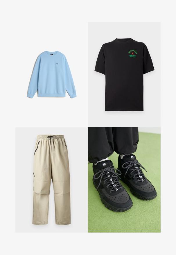 Lichtblauwe sweatshirt van zacht materiaal, met een ronde hals en lange mouwen. Klein zwart "VANS" logo op de borst. Relaxte pasvorm.; Zwart T-shirt met korte mouwen met groene en oranje "MJ'S PIZZA Since 1984 Open 23/7" tekst en logo op de linkerborst.; Beige lichte broek met elastische tailleband, zwarte trekkoorden en ritszakken aan de zijkant, voorkant zichtbaar tegen een effen achtergrond.; Zwarte sneakers zijn gemaakt van een mix van leer en mesh-materialen, hebben een gestructureerde rubberen zool, opvallende perforaties en patroonveters met numerieke accenten.