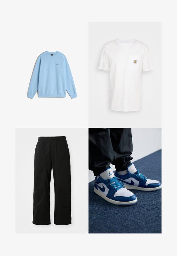 Lys blå sweatshirt lavet af blødt stof, med rund hals og lange ærmer. Lille sort "VANS" logo på brystet. Løs pasform.; Hvid bomulds T-shirt med korte ærmer, en brystlomme, og et lille firkantet logo patch i orange og hvid på lommen.; Sorte bomuldsbukser med elastisk talje, vid bendesign og store sidelommer. Stoffet virker blødt med en glat tekstur.; Nike Air Jordan sneakers har en hvid læderbase med blå syntetiske detaljer, en perforeret tåboks og blå snørebånd.