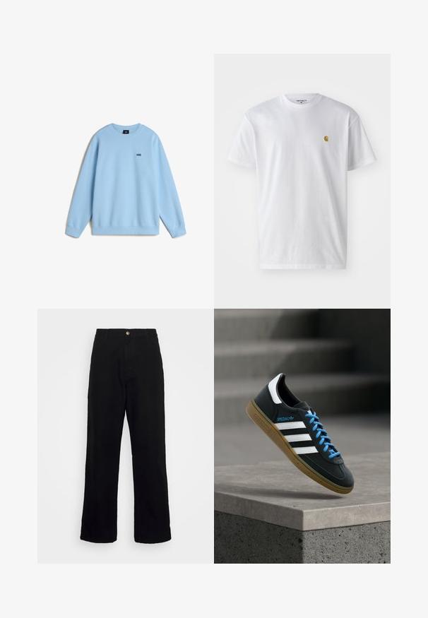 Helles blaues Sweatshirt aus weichem Stoff, mit Rundhalsausschnitt und langen Ärmeln. Kleines schwarzes "VANS"-Logo auf der Brust. Lässiger Schnitt.; Weißes Baumwoll-T-Shirt mit kurzen Ärmeln, Rundhalsausschnitt, mit einem kleinen goldenen Logo im linken Brustbereich. Weicher Stoff und normale Passform.; Schwarze Hosen aus schwerem Stoff mit geradem Beinschnitt, Fronttaschen, Reißverschluss und einem einzelnen metallischen Knopfverschluss.; Schwarzer Adidas-Sneaker mit weißen Streifen, blauen Schnürsenkeln und Gummisohle, der über einer grauen Betontreppe im weichen Licht schwebt.
