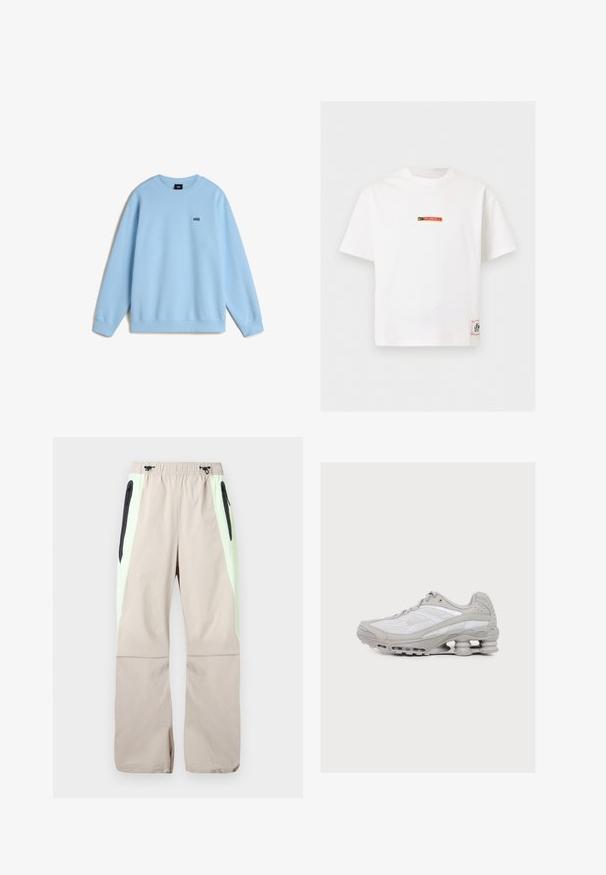 Lichtblauwe sweatshirt van zacht materiaal, met een ronde hals en lange mouwen. Klein zwart "VANS" logo op de borst. Relaxte pasvorm.; Witte korte mouw Nike T-shirt met een klein "Fussball" logo in zwart en rood op de borst en een rechthoekig label vlakbij de onderzoom.; Beige broek met lichtgroene zijpanelen, zwarte dijzakken met rits en elastische tailleband met zwarte trekkoorden.; Lichtgrijze en witte sportschoen met zichtbare veerachtige demping in de zool en een bovenwerk van mesh-stof.