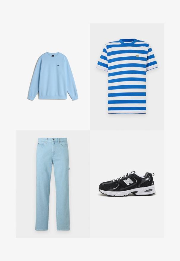 Helles blaues Sweatshirt aus weichem Stoff, mit Rundhalsausschnitt und langen Ärmeln. Kleines schwarzes "VANS"-Logo auf der Brust. Lässiger Schnitt.; Kurzärmeliges T-Shirt mit horizontalen blauen und weißen Streifen, rundem Ausschnitt, weichem Baumwollstoff und einem kleinen gestickten Logo auf der Brust.; Hellblaue Jeans aus Denim mit geradem Bein, ausgestattet mit einer vorderen Knopfleiste, zwei Seitentaschen und minimalen Nahtdetails.; Schwarze und graue Sportschuhe mit Obermaterial aus Mesh und Wildleder, ausgestattet mit einer weißen Zwischensohle, Schnürsenkeln und einem markanten "N"-Logo an der Seite.