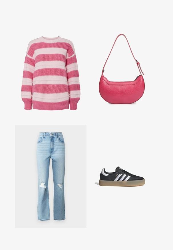 Suéter a rayas en rosa claro y rosa oscuro, hecho de un tejido texturizado, con cuello redondo y puños de canalé.; Jeans de color azul claro hechos de denim, con cintura alta, corte recto y detalles desgastados con desgarros en las rodillas.; Zapatilla deportiva de cuero negro con tres rayas plateadas, punta texturizada y suela de goma. Cuenta con un collar acolchado y un diseño con cordones.; Bolso de cuero rosa con forma curvada, una sola correa de hombro ajustable y cierre superior de cremallera. Acabado texturizado con arrugas visibles.