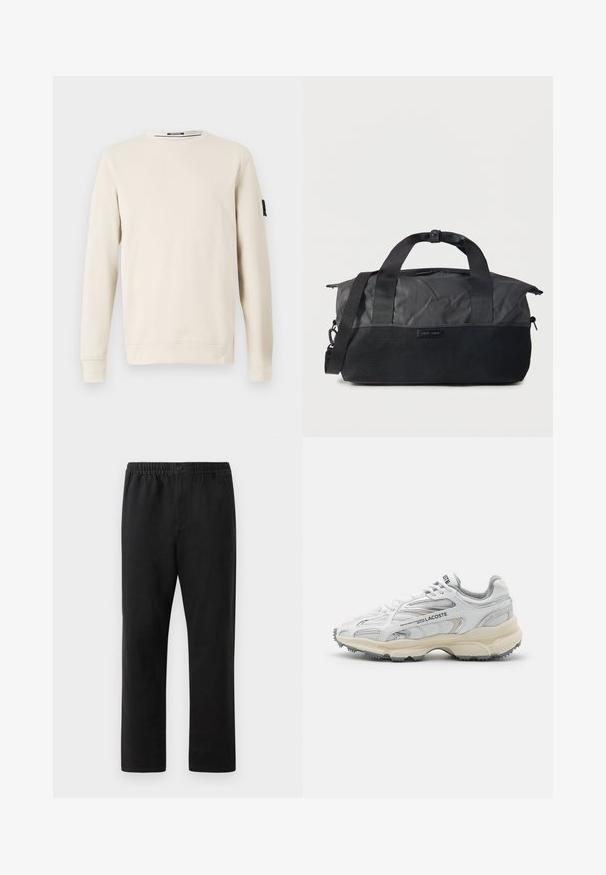 Sweatshirt beige à col ras du cou en tissu doux, avec des manches longues et un petit logo noir sur la manche gauche.; Pantalon noir à taille élastique avec fermeture à bouton, coupe droite et poches latérales, présenté sur fond blanc.; Baskets de sport blanches avec des accents gris, tige en maille et synthétique, design à lacets et semelle en caoutchouc texturée avec motifs de traction.; Sac polochon noir avec fermeture éclair sur le dessus, poche avant en maille, deux poignées avec fermeture pression et bandoulière réglable sur fond blanc.
