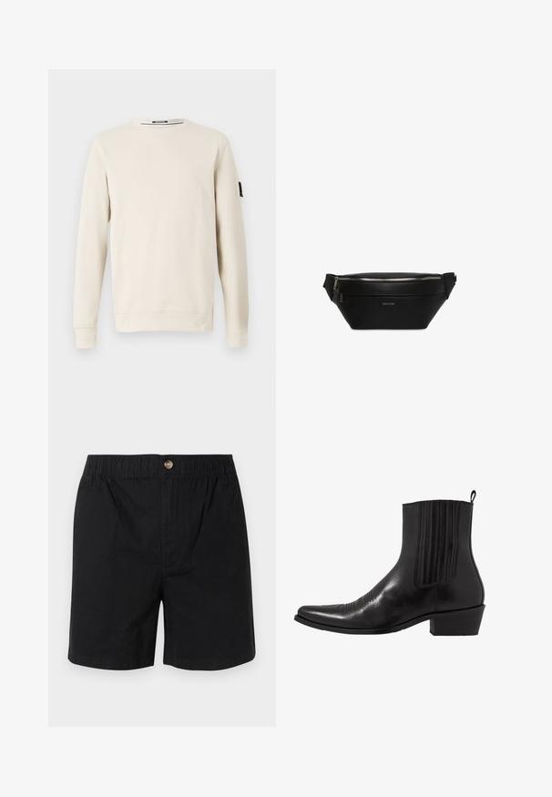 Sweatshirt beige à col ras du cou en tissu doux, avec des manches longues et un petit logo noir sur la manche gauche.; Shorts noirs en coton avec taille élastique et fermeture à un bouton à l'avant, présentant une coupe droite et une longueur mi-cuisse.; Bottine noire en cuir avec un bout pointu, des panneaux latéraux élastiques, des accents de coutures verticales et un petit talon bloc.; Sac banane en cuir noir Calvin Klein avec une fermeture éclair sur le dessus et des sangles latérales réglables.