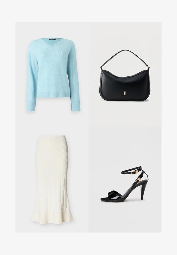 Pull en maille douce texturée bleu clair avec col en V. Manches longues avec poignets et ourlet côtelés. Design simple et sans ornements.; Jupe crayon midi blanche avec motif carré texturé et détail à ourlet évasé sur fond neutre.; Sandale à talon haut en cuir verni noir avec double bride de cheville et boucles dorées, bout ouvert, et talon effilé sur fond neutre.; Sac à bandoulière en cuir noir avec une seule sangle, design minimaliste, fond arrondi, et une petite plaque logo rectangulaire dorée sur le devant.