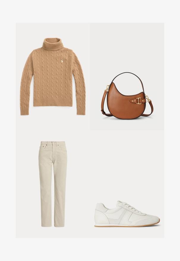 Camelkleurige kabelgebreide coltrui met lange mouwen en geribde boorden, met een klein geborduurd logo op de borst.; Beige corduroy broek met rechte pijpen, riemlussen, knoop aan de voorkant, ritssluiting en voorzakken.; Witte lage sneaker met veters aan de voorkant, suède en leren panelen, en een lichtbruine rubberen zool op een witte achtergrond.; Bruine leren handtas met een gebogen vorm, gouden hardware accenten en een afneembare schouderband. Gladde textuur met contrasterende stiksels.
