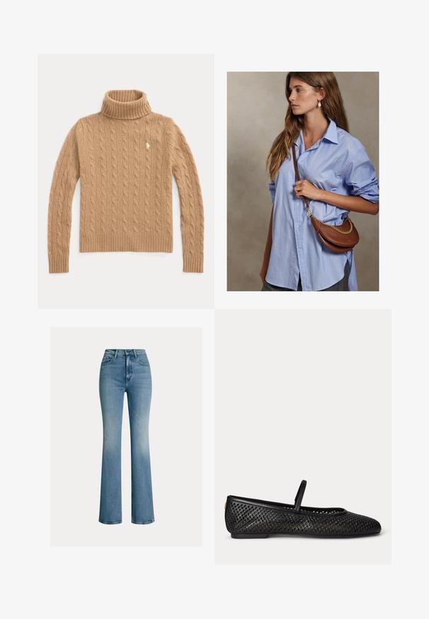 Kamelfarbener, kabelgestrickter Rollkragenpullover mit langen Ärmeln und gerippten Bündchen, mit kleinem besticktem Logo auf der Brust.; Blaue hoch taillierte Jeans mit Vordertaschen, Gürtelschlaufen und einem leichten Schlag am Saum.; Schwarzer Mesh Mary Jane flacher Schuh mit geschlossenem Zehenbereich, niedrigem Absatz und einem einzelnen Riemen über dem Spann, seitlich auf weißem Hintergrund gezeigt.; Junge Frau mit langen braunen Haaren, die ein hellblaues, übergroßes Hemd trägt und eine braune Leder-Umhängetasche mit einer goldenen Kette hält.