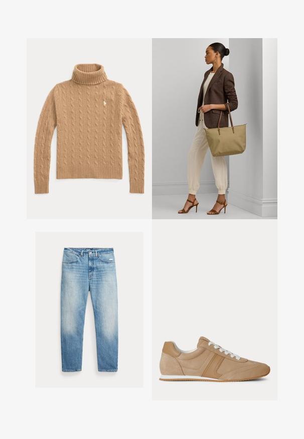 Kamelfarbener, kabelgestrickter Rollkragenpullover mit langen Ärmeln und gerippten Bündchen, mit kleinem besticktem Logo auf der Brust.; Hellblaue, verwaschene Jeans mit geradem Bein, Vordertaschen, Knopf- und Reißverschluss sowie leichter Abnutzung am rechten Oberschenkel.; Hellbrauner Veloursleder- und Ledersneaker in niedriger Ausführung mit weißen Schnürsenkeln und weißer Gummisohle, von der Seite auf weißem Hintergrund gezeigt.; Frau trägt braunen Blazer und weiße Hose, hält große beige Tragetasche, steht in neutraler Innenraumumgebung.