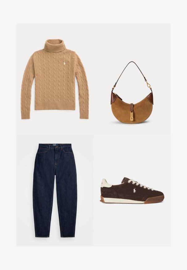 Kamelfarvet kabelstrikket rullekrave sweater med lange ærmer og ribstrikkede manchetter, med en lille broderet logo på brystet.; Mørkeblå denim jeans med lige pasform, der har orange syninger, en forreste knaplukning og fem lommer.; Brun ruskindsneaker med hvide snørebånd, en kontrasterende hvid hæl, gummisål og et broderet logo på siden. Klassisk lavt design.; Brun ruskind halv-måne taske med mørkebrune læderdetaljer, guldfarvet hardware og kort skulderrem.