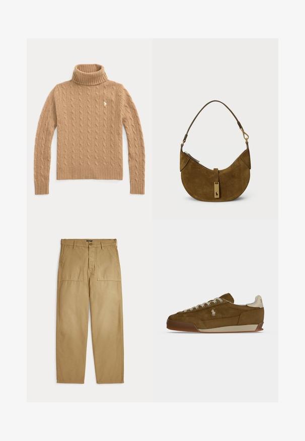Pull col roulé en maille torsadée couleur camel, manches longues et poignets côtelés, avec un petit logo brodé sur la poitrine.; Pantalon beige droit avec poches plaquées à l'avant, passants pour ceinture, fermeture par bouton et fermeture éclair.; Baskets en daim marron avec lacets crème, semelle épaisse et petit logo blanc brodé sur le côté.; Sac à main en daim marron avec une forme courbée, quincaillerie dorée et fermeture éclair. Il dispose d'une courte sangle d'épaule ajustable.