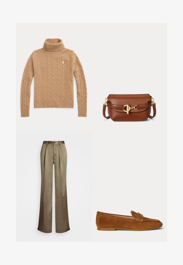 Camelkleurige kabelgebreide coltrui met lange mouwen en geribde boorden, met een klein geborduurd logo op de borst.; Beige wijde broek van gladde stof, met een knoopsluiting, voorplooien en een rechte snit.; Bruine suède platte loafer met een gouden metalen gespdetail bovenop en een lage hakzool.; Bruine leren crossbody tas met goudkleurige gespsluiting en verstelbare band op een witte achtergrond.
