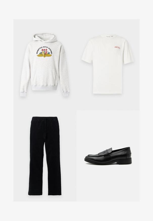 Sudadera gris hecha de una suave mezcla de algodón. Cuenta con un bolsillo frontal, puños acanalados y un colorido logotipo del Indianapolis Motor Speedway en el pecho.; Camiseta blanca de algodón con mangas cortas y cuello redondo. Presenta un logo rojo bordado en el área del pecho izquierdo.; Pantalones de pana negros con cintura ajustable, diseño de pierna recta, textura suave y sin bolsillos visibles ni adornos.; Mocasín negro de cuero para hombre con detalle de borlas, punta redondeada, tacón bajo y acabado liso y pulido, mostrado de lado sobre un fondo blanco.
