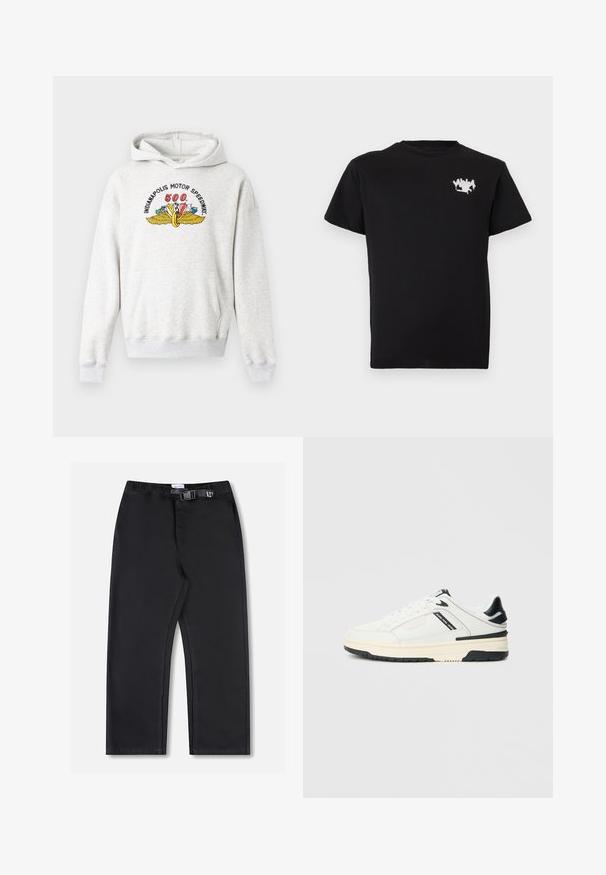 Sudadera gris hecha de una suave mezcla de algodón. Cuenta con un bolsillo frontal, puños acanalados y un colorido logotipo del Indianapolis Motor Speedway en el pecho.; Camiseta negra de manga corta con un pequeño gráfico blanco de estilo graffiti en el área izquierda del pecho.; Pantalones negros de pierna recta con cintura elástica y cierre lateral con hebilla, mostrados sobre un fondo blanco.; Zapatilla blanca de corte bajo con acentos negros, suela crema, cordones y texto "Jeans Pepe" en el panel lateral.