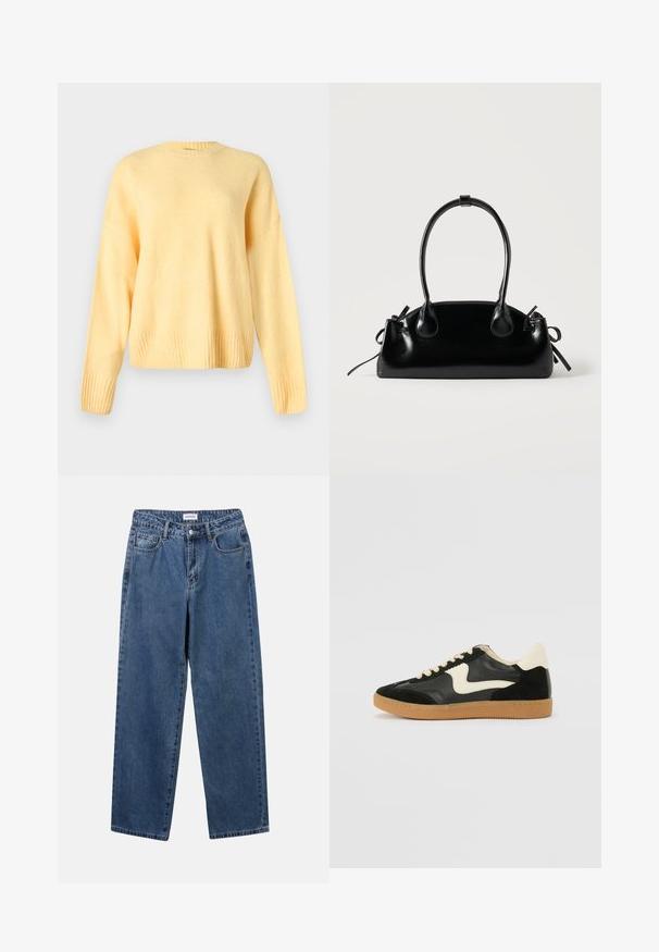 Pull jaune doux à manches longues avec col rond côtelé, poignets et ourlet, présenté sur un fond gris clair uni.; Jean en denim bleu classique avec une coupe droite, cinq poches et une fermeture par bouton. Présente un lavage moyen et une texture robuste.; Baskets en daim et cuir noir avec un swoosh latéral crème et un talon crème clair. Dotées de lacets beige et d'une semelle en caoutchouc gomme.; Petit sac à main noir brillant avec deux longues anses et des détails à cordon sur les côtés sur un fond clair uni.