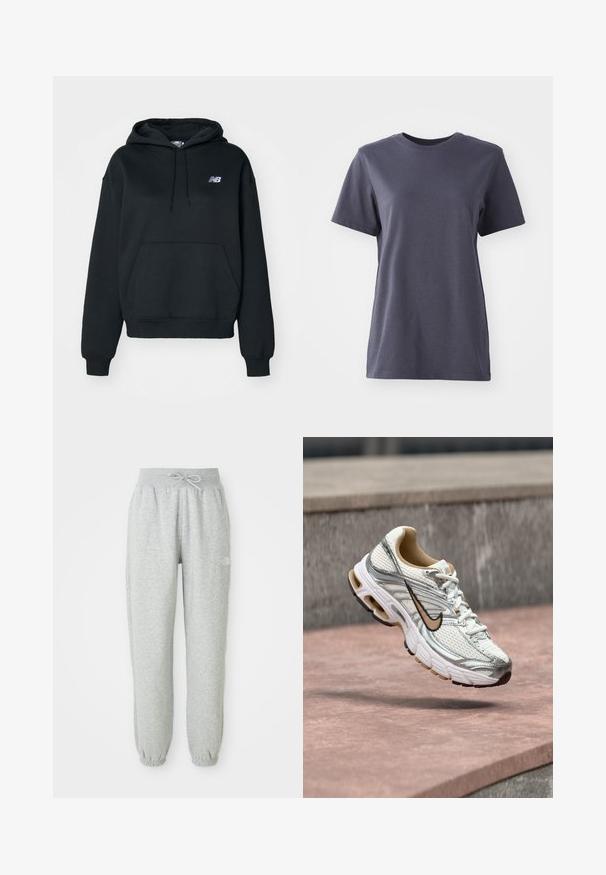 Sudadera negra de mezcla de algodón, con bolsillo tipo canguro, capucha con cordón y logo bordado en el lado izquierdo del pecho.; Camiseta de manga corta en algodón gris oscuro, diseño de cuello redondo, textura suave, dobladillo recto, sin patrones visibles ni detalles metálicos.; Pantalones de chándal grises con cintura elástica y cordón. La tela es suave, con puños elásticos en los tobillos y un acento de logo.; Zapatilla de correr Nike blanca y plateada con el logo Swoosh beige, mostrada en el aire sobre una superficie de piedra con un fondo difuminado de pared gris.