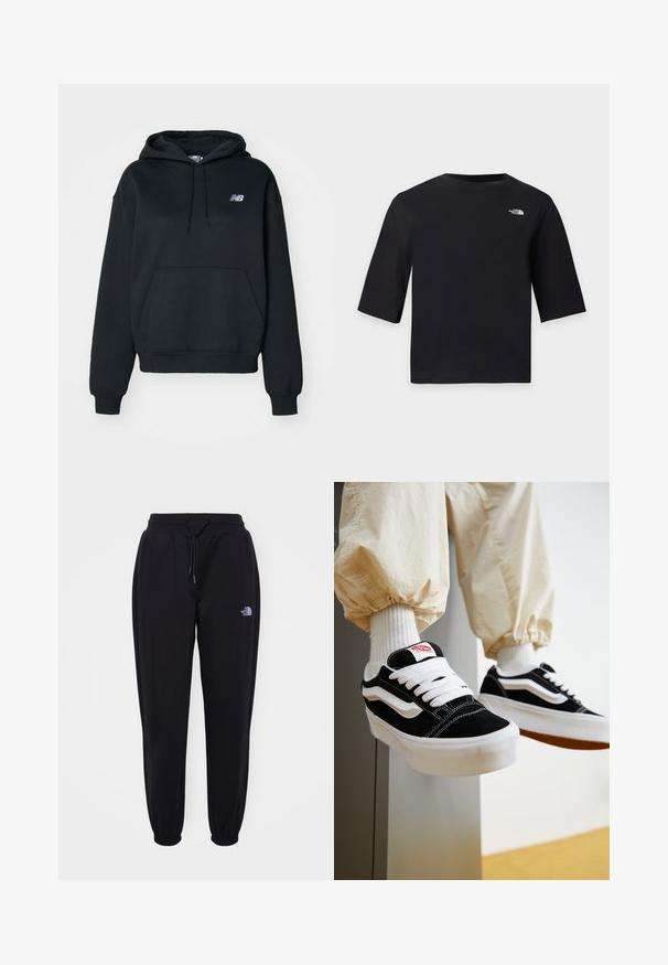Zwarte hoodie gemaakt van een katoenmix, met een kangoeroezak, capuchon met trekkoord en geborduurd logo op de linkerkant van de borst.; Zwart T-shirt met korte mouwen en ronde hals, met klein wit The North Face-logo linksboven op de borst tegen een lichte achtergrond.; Zwarte joggingsbroek met elastische tailleband en boorden, trekkoord, zijzakken en een klein wit The North Face-logo op de rechterdij.; Persoon die zwart-witte Vans sneakers draagt met witte veters, witte sokken en beige broek met elastische manchetten.