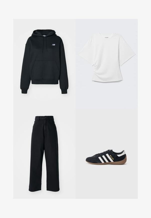 Sudadera negra de mezcla de algodón, con bolsillo tipo canguro, capucha con cordón y logo bordado en el lado izquierdo del pecho.; Camiseta blanca oversized de manga corta con cuello redondo mostrada sobre un fondo gris claro.; Jeans anchos de tiro alto en negro, con bolsillos frontales y cierre de botón, exhibidos sobre un fondo blanco liso.; Zapatilla de ante negra con tres rayas blancas, suela de goma y un pequeño logo dorado en el lateral. Cuenta con un forro interior negro liso.