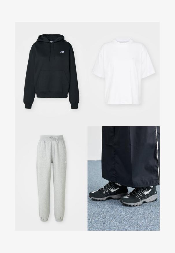 Sort hættetrøje lavet af bomuldsblanding, med en kængurulomme, snoretræk i hætten og broderet logo på venstre bryst.; Hvid bomulds t-shirt med rund hals, korte ærmer og en afslappet pasform. Har et diskret logo på venstre brystområde. Glat tekstur.; Grå sweatpants med elastisk talje og snøre. Stoffet er blødt, og de har elastiske manchetter ved anklerne samt et logoaccent.; Sorte sportsko med en struktureret overdel, sølvdetaljer og en mønstret ydersål, parret med et langt sort plagg. Sat mod blå tæpper.