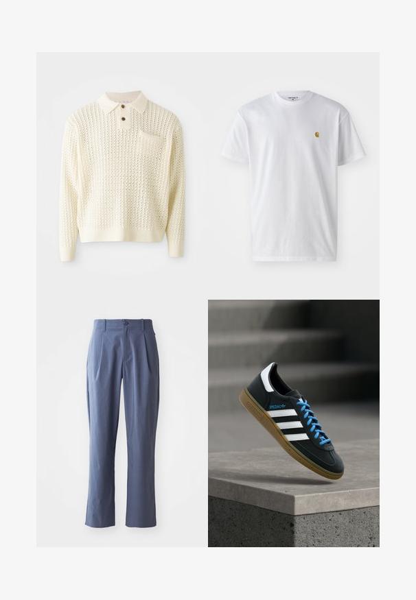 Hellcreme gestrickter Pullover mit strukturiertem Muster, zwei Knöpfen und einer Brusttasche. Verfügt über gerippte Bündchen und Saum.; Weißes Baumwoll-T-Shirt mit kurzen Ärmeln, Rundhalsausschnitt, mit einem kleinen goldenen Logo im linken Brustbereich. Weicher Stoff und normale Passform.; Marineblaue Hose mit Falten, gerader Schnitt, aus leichtem Stoff, mit einem einzigen Frontknopfverschluss und Gürtelschlaufen.; Schwarzer Adidas-Sneaker mit weißen Streifen, blauen Schnürsenkeln und Gummisohle, der über einer grauen Betontreppe im weichen Licht schwebt.