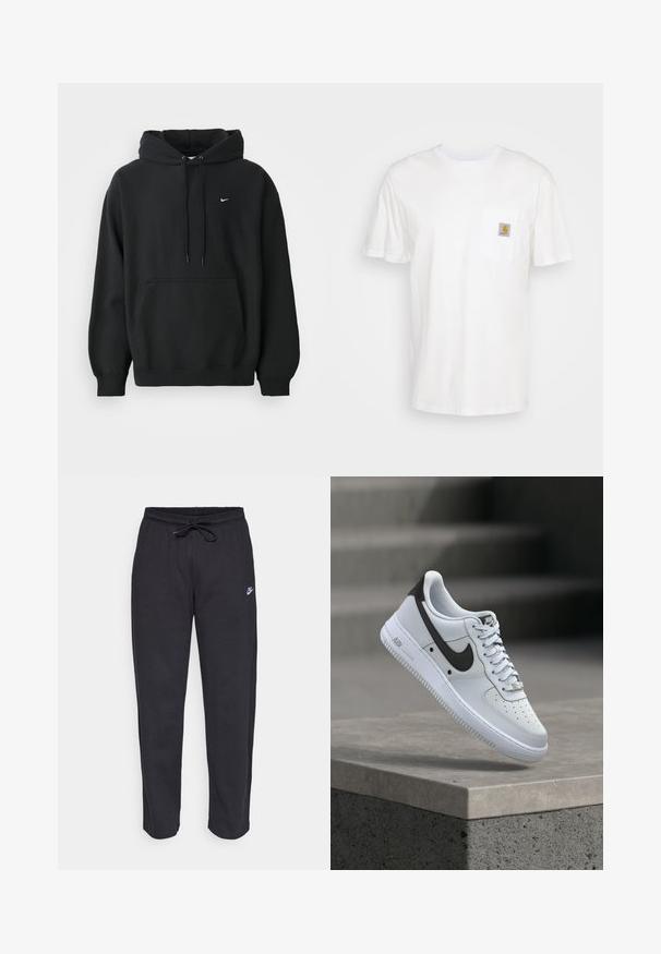 Μαύρη φούτερ Nike με μπροστινή τσέπη, κουκούλα με κορδόνι, ριχτές μανσέτες και μικρό λευκό λογότυπο Nike στο στήθος.; Λευκό βαμβακερό T-shirt με κοντά μανίκια, τσέπη στο στήθος και ένα μικρό τετράγωνο λογότυπο σε πορτοκαλί και λευκό στην τσέπη.; Μαύρες φόρμες από μαλακό ύφασμα με ελαστική μέση, κορδόνι και μικρό λογότυπο Nike στο αριστερό μηρό.; Λευκό αθλητικό παπούτσι Nike Air Force 1 με μαύρο λογότυπο Swoosh, αιωρείται πάνω από μια τσιμεντένια άκρη με θολές σκάλες στο φόντο.