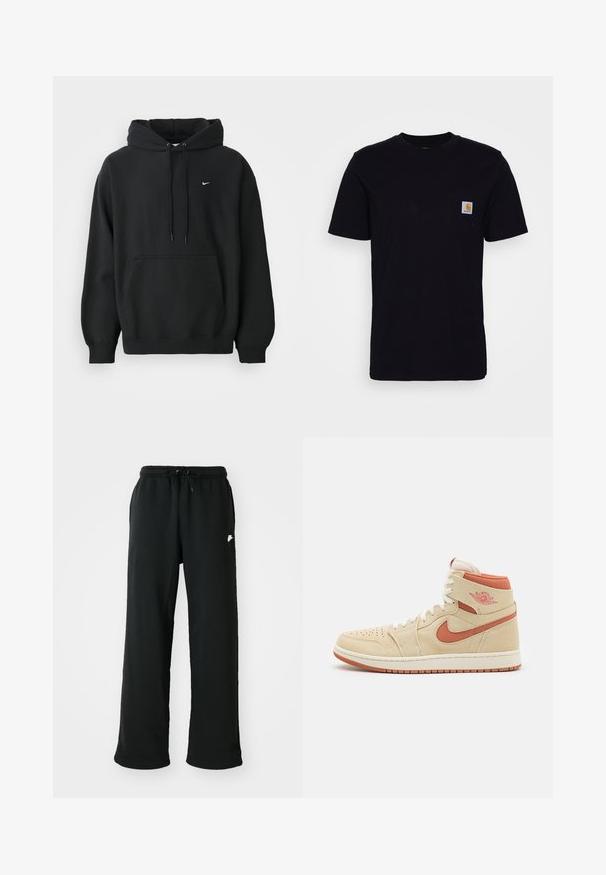 Musta Nike huppari, jossa on edessä tasku, naruhuppu, ribbireunat käsivarsissa ja pieni valkoinen Nike-swoosh-logo rinnassa.; Musta puuvillapaita lyhyillä hihoilla, pyöreällä kaula-aukolla ja rintataskulla, jossa on pieni neliölogo. Yksinkertainen, yksivärinen muotoilu.; Mustat collegehousut pehmeästä kankaasta, joissa on joustava vyötärönauha säädettävällä nyörillä ja pieni logo detail sivussa.; Korkea lenkkari vaaleassa mokassa, jossa on oransseja yksityiskohtia. Kenkässä on rei'itetty kärki, valkoiset nauhat ja kumipohja, jossa on kontrastivärinen pito.