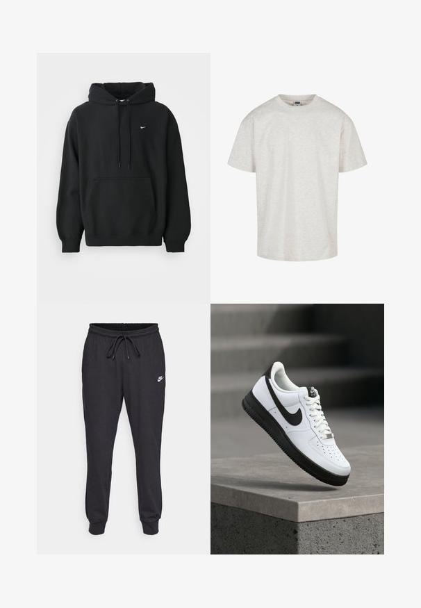 Schwarzer Nike Hoodie mit frontale Taschen, Kordelzugkapuze, gerippten Bündchen und kleinem weißen Nike Swoosh-Logo auf der Brust.; Helles graues Baumwoll-T-Shirt mit kurzen Ärmeln, einem Rundhalsausschnitt und einer lässigen Passform. Texturiertes Gewebe mit einem dezenten melierten Muster.; Schwarze Sweatpants aus Baumwollmischung, mit elastischem Bund und Kordelzug, bündchenartigen Knöcheln und einem weißen Nike-Logo auf dem Oberschenkel.; Weißer Ledersneaker mit schwarzen Akzenten, abgerundetem Zehenbereich und perforierten Details. Schwarze Gummisohle mit strukturiertem Muster und Schnürverschluss.